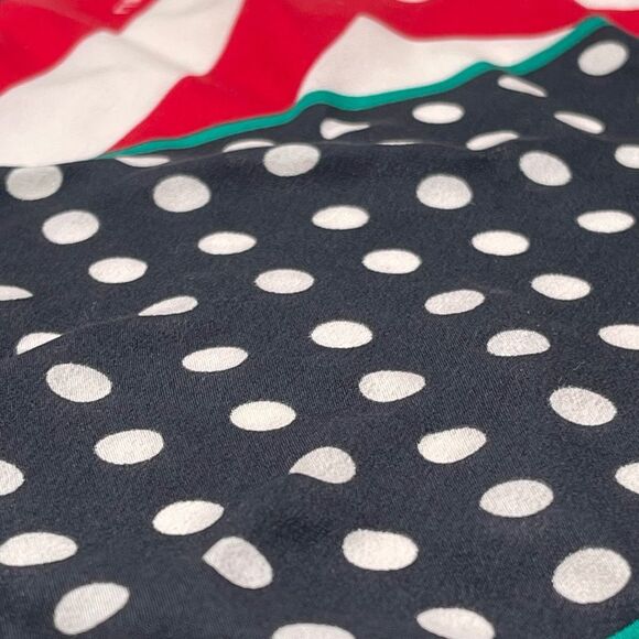Vintage LIZ CLAIBORNE Silk Scarf Red Pink Blue Polka Dot Stripes Crest Square - Picture 11 of 11